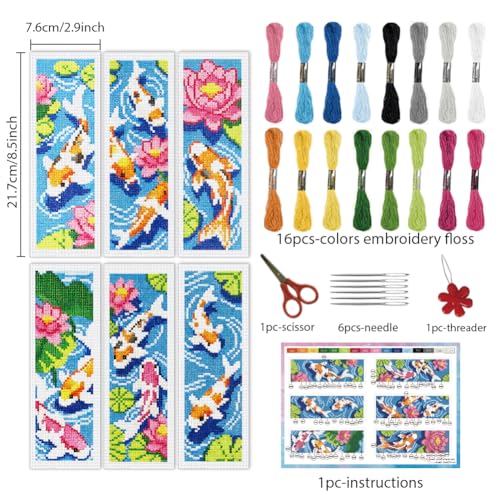 INFUNLY 6 Set Koi Fish DIY Cross Stitch Bookmark Kits for Adults Lotus Pond Counted Cross Stitch Kit with Instructions Koi Fishes Stamped Embroidery Bookmark Kit for Book Lovers Readers Gift - style: Koi Fish