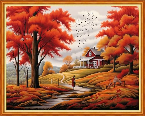 Dooxvey Cross Stitch Kits for Adult Beginners - Full Range of Stamped Kits, Needlepoint & Embroidery Kits - 11CT Cross Stitch Patterns: Autumnal Scenery - 16x20 inch - color: Artpattern07