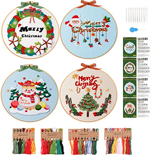 4 Sets Christmas Embroidery Starter Kit with Pattern for Beginners,Merry Christmas Embroidery Kit Ornaments, DIY Cross Stitch Set with 4 Plastic Embroidery Hoops,Color Threads,Tools and Instructions - color: Xmas White Beige Blue