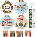 4 Sets Christmas Embroidery Starter Kit with Pattern for Beginners,Merry Christmas Embroidery Kit Ornaments, DIY Cross Stitch Set with 4 Plastic Embroidery Hoops,Color Threads,Tools and Instructions - color: Xmas White Beige Blue