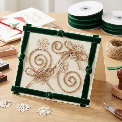 IDONGCAI Velvet Ribbon, Jute Twine & Lace Snowflake Craft Kit - color: Dark green