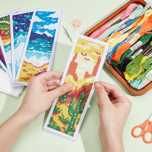 INFUNLY 6PCS Landscape Cross Stitch Bookmark Kit for Adults Mountain Cross Stitch Kits DIY Crossstitch Kits Natural Scenery Stamped Embroidery Bookmark Kit with Instructions for Book Lovers Readers - style: Scenery