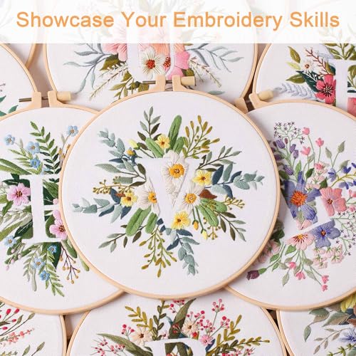 Harimau Letter Pattern V Embroidery Kit for Adult Beginners, Complete Starter Pack with 1 Hoop, Needles, Instruction Guide & Embroidery Stitch Video Tutorials - color: V