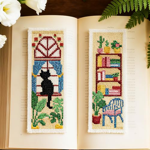 INFUNLY 6PCS Sweet Home Cross Stitch Bookmarks Kit 3×8.5inch Cat Window Stamped Embroidery Bookmark Kit Life Scenarios Needlepoint Bookmark Set with Instruction for Book Lover Reader Writer - style: Sweet Home