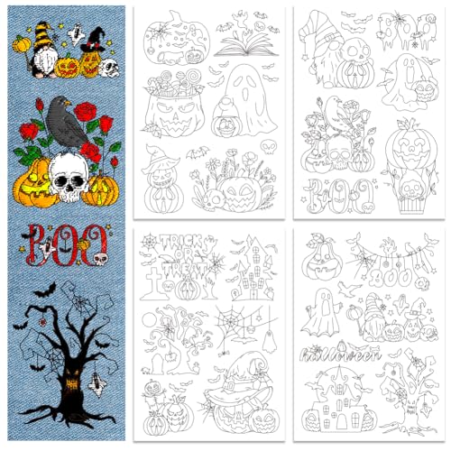 GLOBLELAND 4 Sheets Halloween Water Soluble Embroidery Pattern - color: Halloween