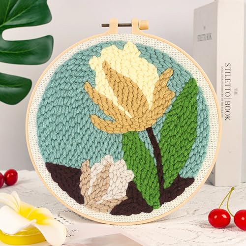 Woohome Punch Needle Kit Included Plastic Hoops, Punch Needle Cloth, Color Yarn and Punch Needle Tools for Adults, Beginners (Red, Pink and Yellow Flowers) - color: Color 17