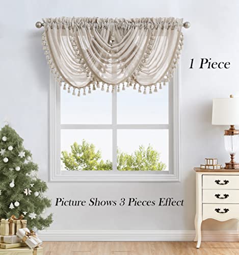 Linen Waterfall Valance with White GEO Embroidery Semi Sheer, 56"x38"x1 - color: Linen (Embroidered), size: 56"W x 38"L (Pack of 1)