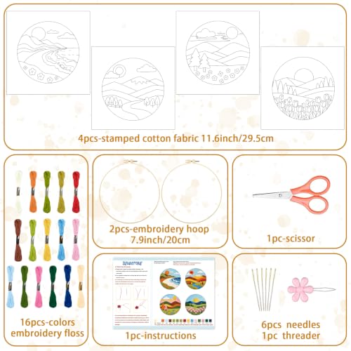BEUNITONE 4 Set Embroidery Kit for Adults Beginner with Hoops & Instruction - style: C-Beginner Scenery