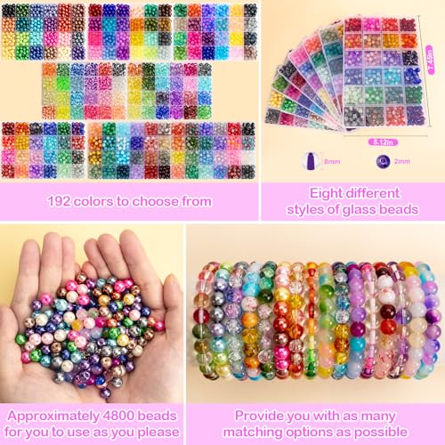 XSEINO 192 Colors 4800pcs 8mm Dream Candy Colorful Series Glass Beads Bracelet Making Kit,8 Box Different Unique Styles Crystal Bead for Making and DIY Crafts - color: 8 Boxes 8mm Round Glass Beads
