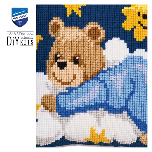 Vervaco Teddy Cushion Cross Stitch Kit - color: Blue