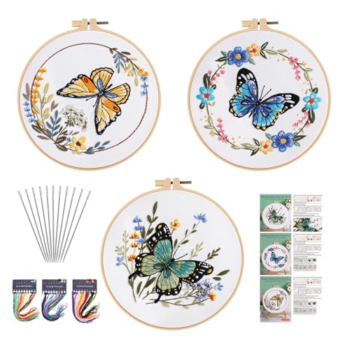 GLTAYLMY 3 Sets Butterfly Embroidery Starter Kit for Beginners Flower Stamped Cross Stitch Kits with Instructions for Beginners Adults Include Embroidery Hoop Threads and Needles - color: BU1EBK