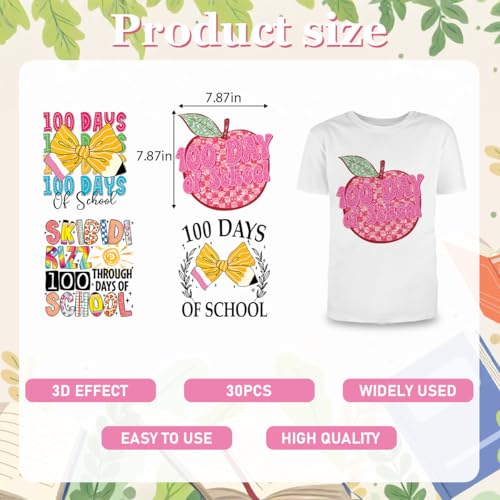 30Pcs 100 Days of School Dtf Transfers Ready to Press Back to School 100 Days Iron on Transfers for Tshirts Teacher Student Heat Transfer Vinyl Stickers for Clothing Pillows Bag DIY Crafts - color: 100 Days of School