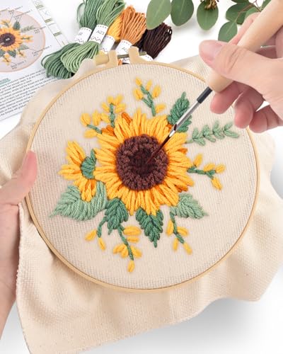 ERKOON Punch Needle Kit Beginners Adults, DIY Easy Flower Embroidery Set for Starter Art Craft, Needling Punching Project with Patterns, Tools, Yarns, Hoop, Instruction (Yellow Flowers) - color: Sunflower-1