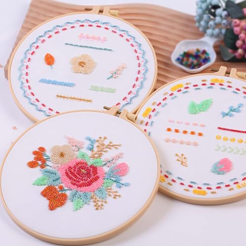 Harimau Bead Embroidery Kit for Adults, with Red and Pink Flowers, DIY Kit Includes Embroidery Beads, Thread, Stitch Book & Tambour Tools, Perfect Set for Starters - color: Orange