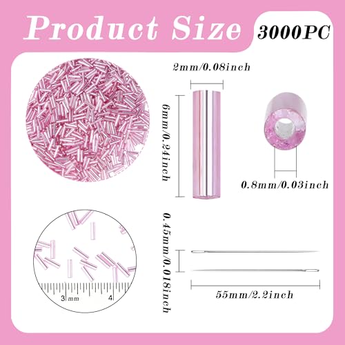 3000PC Pink Glass Bugle Beads 6MM Pink Tube Beads - color: pink