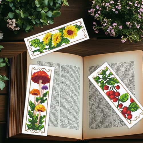INFUNLY 6PCS Flower Plants Cross Stitch Bookmark Kit for Adults Tulip Sunflower Cross Stitch Kits DIY Crossstitch Kit Green Leaf Stamped Embroidery Bookmark Kits with Instructions for Book Lovers - style: Tulips