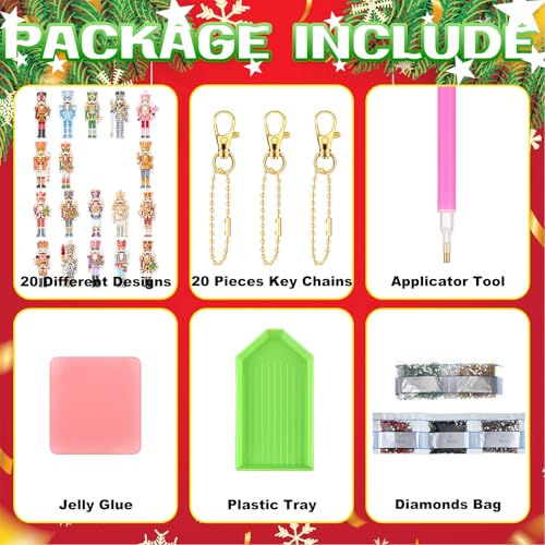 Tondiamo 20 Pcs Christmas Diamond Painting Keychain Kits 5d DIY Christmas Nutcracker Diamond Art Pendants Double Sided Hanging Key Chains Xmas Craft Gifts for Adult Holiday Party Decoration DIY - style: Nutcracker Style