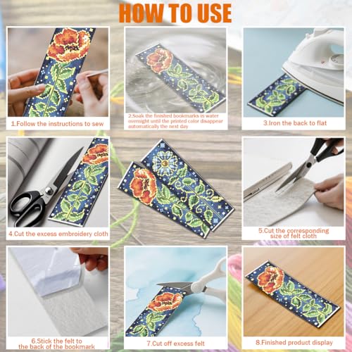 FREEBLOSS 6 Set Cross Stitch Bookmark Kit 11 CT Stamped Cross Stitch Kit DIY Embroidery Bookmark Kits for Adult Beginners with Instructions, Brightly Flowers Pattern, 6 x 20 cm/8" x 2.4" - style: Bright Edged Flowers