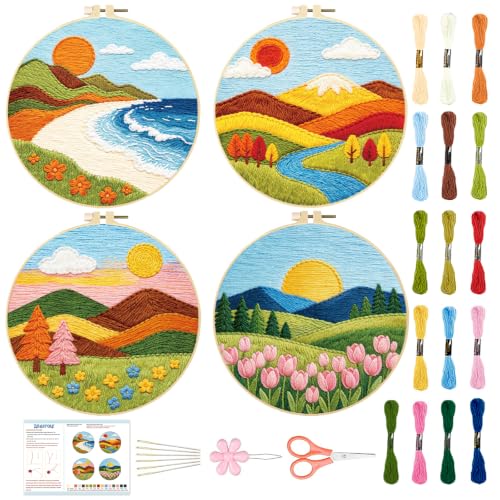 BEUNITONE 4 Set Embroidery Kit for Adults Beginner with Hoops & Instruction - style: C-Beginner Scenery