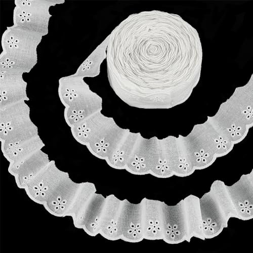 FINGERINSPIRE 15 Yards Cotton Lace Trim 1-5/8" Ivory White Eyelet Ribbon Floral Embroidery Ruffle With Wavy Edge for Sewing Dresses Bags Pets Clothes - color: WhiteSmoke