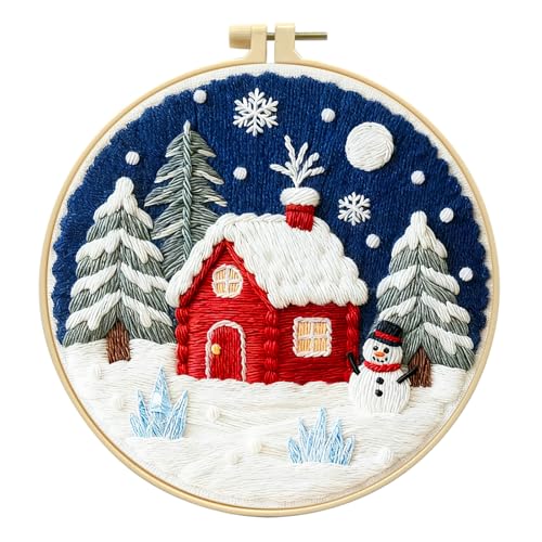 Zhenqing Winter Snow Scene Embroidery Kit for Beginners - Complete Set with 20cm Hoop, Pre-Printed 29x29cm Cotton Fabric, Threads & Tools(C0163) - color: Winter Snow Scene