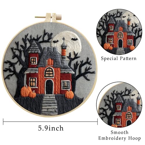 LB 4-Pack Halloween Castle Embroidery Kit for Beginners: Fall Pumpkin and Black Tree Bat Cross Stitch Kit | Adults DIY Starter Kit Includes Embroidery Hoop, Colorful Threads, Tools and Instructions - color: Black Orange