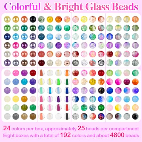 XSEINO 192 Colors 4800pcs 8mm Dream Candy Colorful Series Glass Beads Bracelet Making Kit,8 Box Different Unique Styles Crystal Bead for Making and DIY Crafts - color: 8 Boxes 8mm Round Glass Beads