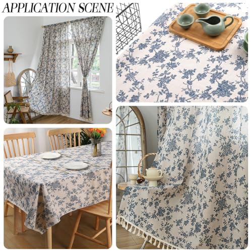 63 Inch Flower Cotton Fabric By The Yard Bundles Linen Canvas Blend Soft Flowers Pattern White Floral Rectangle Fabric for Sewing Making Clothing Quilting Home Decor Cloth Accessories Crafts - size: 1600MM, style: Blue Flower