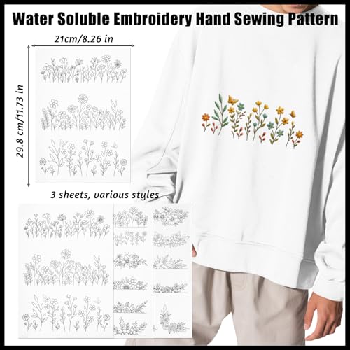Water Soluble Embroidery Stabilizer 3 Sheets Water Soluble Stabilizer for Embroidery Patterns Stick and Stitch Embroidery-Paper Designs Transfer Paper with Pre-Printed Flower Leave for Hand Sewing