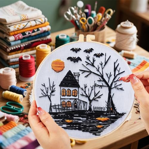 Floral Witch Hat Embroidery Kit Halloween Cross Stitch Material Set with Bat Skull Flower Pumpkin Patterns, DIY Hand Needlepoint Embroidery Craft Kit for Beginners Professional (Haunted House) - color: Haunted House