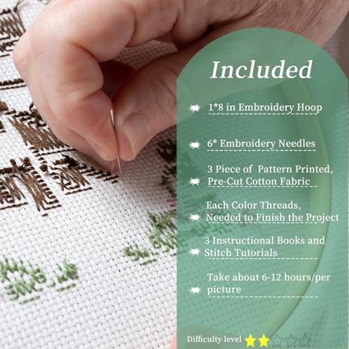 FONNUY Halloween 3 Set Embroidery Kit DIY for Adult Beginner, Pre-Stamped Patterns Pumpkin Skull Embroidery Kits with Embroidery Hoop, Colored Threads and Needles, Easy to Follow Needlework