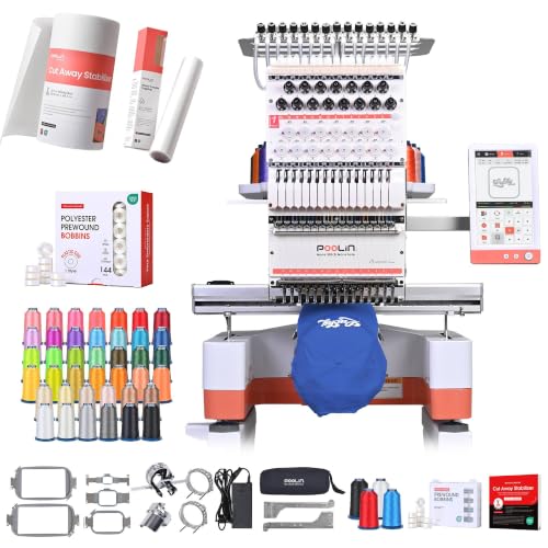 Poolin EOM 15-Needle Embroidery Machine | Starter Plus Bundle – Includes 40 Thread Kit, 144pcs Bobbins, Cut Away & Tear Away Stabilizers, Tool Set