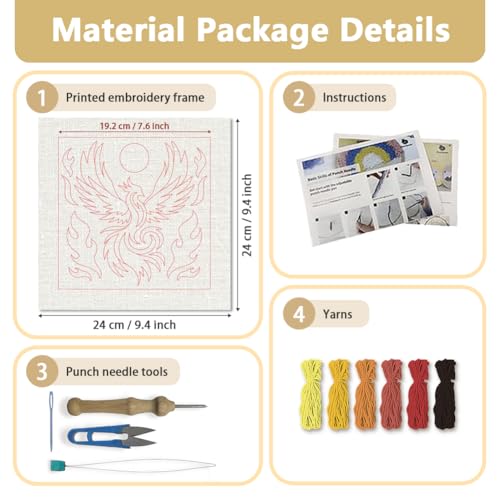 DOODLREAM Fire Phoenix Punch Needle Kit for Beginner 9.4" x 9.4" - color: Fire Phoenix