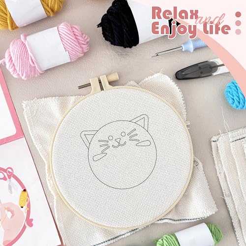 Punch Needle Kit for Beginners Adults Easy Needle Punch Embroidery Tool Set Including Threader Instruction Fabric Hoop Yarn Coaster DIY Making Kit Supplies,Set of 8 Cat Cute Pet Art Crafts Gifts - color: Cat