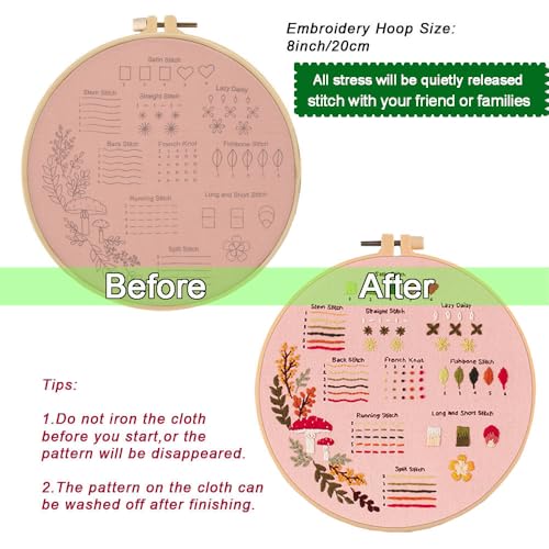 Sutesloly Hand Embroidery Kit for Beginners, 4 Sets Learn to Floral Patterns Simple Beginner Starter kit for Adults, 33 Stitches Easy Embroidery Practice Kit, 7.8inch Hoop, DIY Craft Gift for Women - color: pink