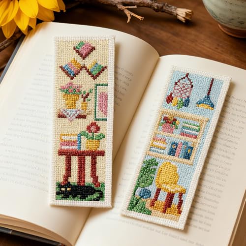INFUNLY 6PCS Sweet Home Cross Stitch Bookmarks Kit 3×8.5inch Cat Window Stamped Embroidery Bookmark Kit Life Scenarios Needlepoint Bookmark Set with Instruction for Book Lover Reader Writer - style: Sweet Home