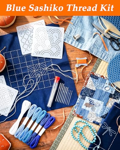 eZAKKA 51 Pack Blue Sashiko Kit with 30 Templates, 9 Needles & 12 Threads - color: Blue Sashiko Full Kit (51Pcs))