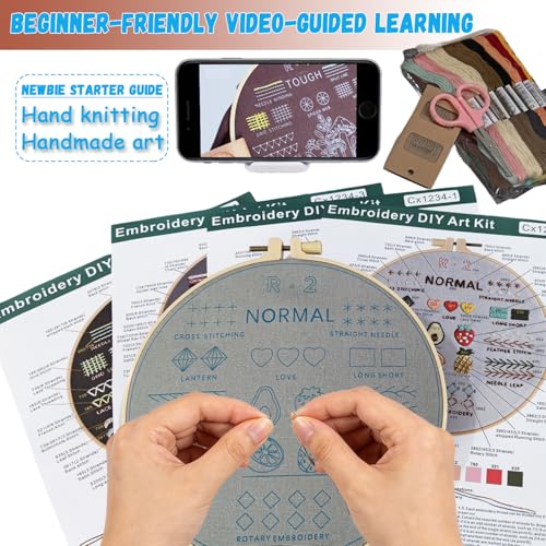 Emmanoth 5-Pack Beginner Embroidery Kit, Pre-Stamped Floral Patterns with Step-by-Step Embroidery Book HD Video, Adjustable Hoop, Colorfast Threads, 10 Needles & Tools, DIY Craft Gift for Adults Teens