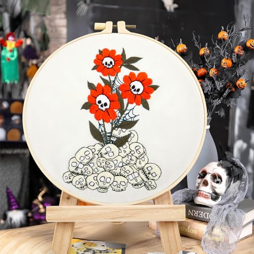 Crafmanoe Halloween Embroidery Starter Kit for Beginners Adults, Skull Flowers Stamped Cross Stitch Kits for Beginners Adults, Gothic Hand Embroidery Needlepoint Kits, Hoops, Fabric and Video Tutorial - color: H868