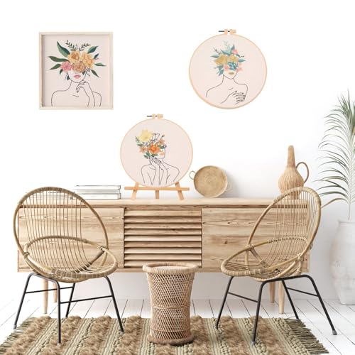 EOBTAIN 3 Pcs Embroidery Kit for Beginners Adults Boho Floral Hand Stamped Embroidery Satrter Kits DIY Cross Stitch Kits with Embroidery Hoop,Needles and Threads,Gifts for Woman at Home Embroidery Kit - color: Girl