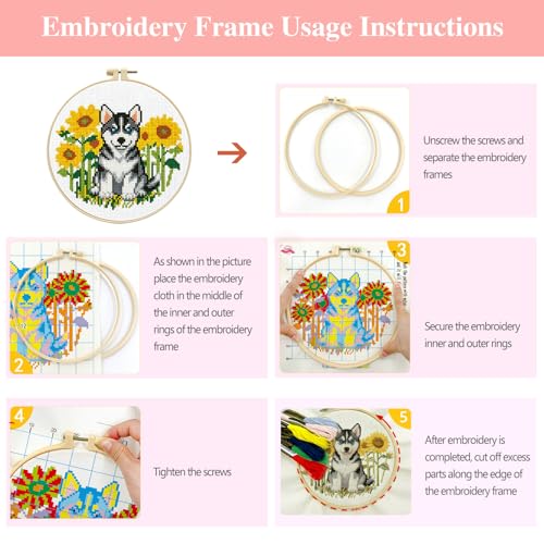 Zhenqing 4 Dog Breeds Cross Stitch Kit for Beginners, 11CT Printed 24x24cm with Hoop, Border Collie Bichon Golden Retriever Husky Designs in Flower Gardens(70860)