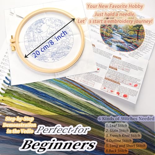 FONNUY Embroidery Kit for Beginners, Boho Nature Landscape Pre-Stamped Pattern Kits for Adults with Hoop, Easy to Follow Color Thread Needlework, 8'' Hoop (Verdant Riverside) - color: Verdant Riverside