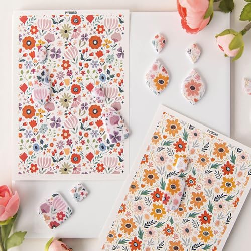 KABAKE Polymer Clay Transfer Paper 4 PCS Colorful Flowers Water Soluble Transfer Sheet for Earrings Jewelry Making - color: Flower