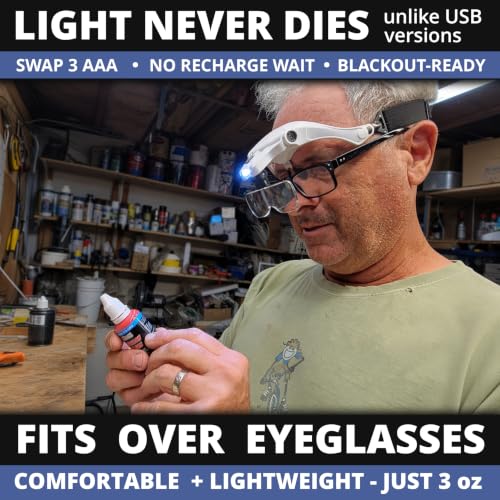Vision Aid Magnifying Glasses with Light for Close Work, Illuminated Hands Free Headband Magnifier Goggles with Storage Case for Hobby Painting Reading Coin Watch Bead Jewelry… - style: 3 AAA Battery Powered (not included)