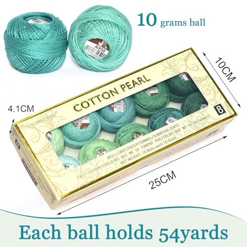 Double Mercerized Egyptian Long Staple Cotton Pearl Thread Ball 10 Grams Rainbow Color Embroidery Thread 10 Colors per Box for Crochet Hardanger Cross Stitch Hand Embroidery,cayon Series - color: cyan green series