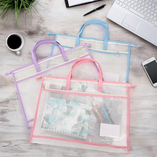 Hedume 3 Pcs A3 Project Bags, Clear Mesh Sewing Bag with Zipper, Handle & Pockets, Clear Mesh Design Art Supply Bag Artwork Storage Organize for Artworks, Charts and Teaching Material Multipurpose