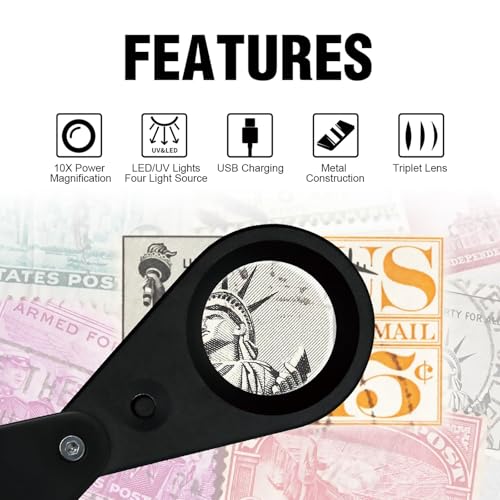 Rechargeable10x Jewelers Loupe Magnifier with UV&LED Lights, Eye Loupe 10x Magnifying Glass is Equipped with a 22mm Triplet Lens.Professional-Grade for Diamonds, Gemstones,Coins and Stamps - size: 10x Black