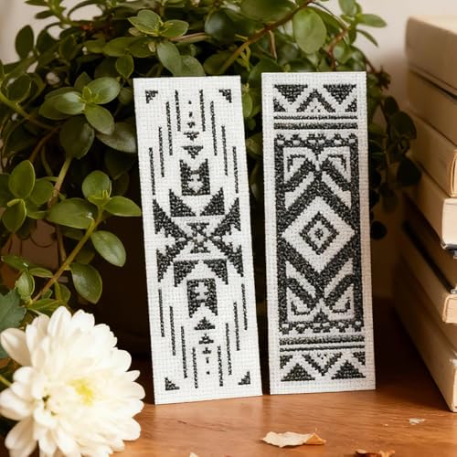 INFUNLY 6pcs Aztec Print Cross Stitch Bookmark Kit for Beginners DIY Vintage Geometry Embroidery Bookmark Kits Black White Needlepoint Kit with Instruction Easy Cross Stitch Set for Book Lovers Reader - style: Aztec Patterns