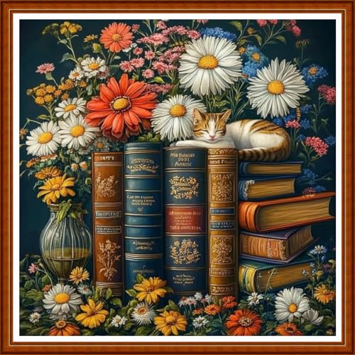 Funart Stamped Cross Stitch Kits for Beginners Full Range of Cross Stitching Preprinted Embroidery Kits for Adults, 11CT Embroidery Pattern Needlepoint Kits-Book Flowers 18x18 inch - color: ColorArt76
