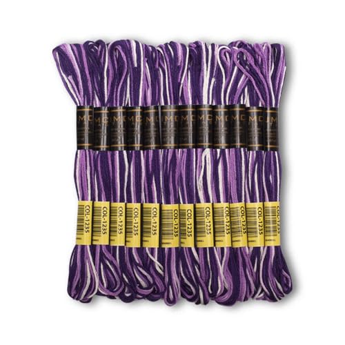 Pack of 12 Premium Embroidery Thread | 100% Egyptian Cotton Premium Skeins | Cross Stitch Embroidery Floss | Oeko TEX Certified | Ideal for Arts & Crafts (Dark Purple Variegated 1235) - color: Dark Purple Variegated 1235